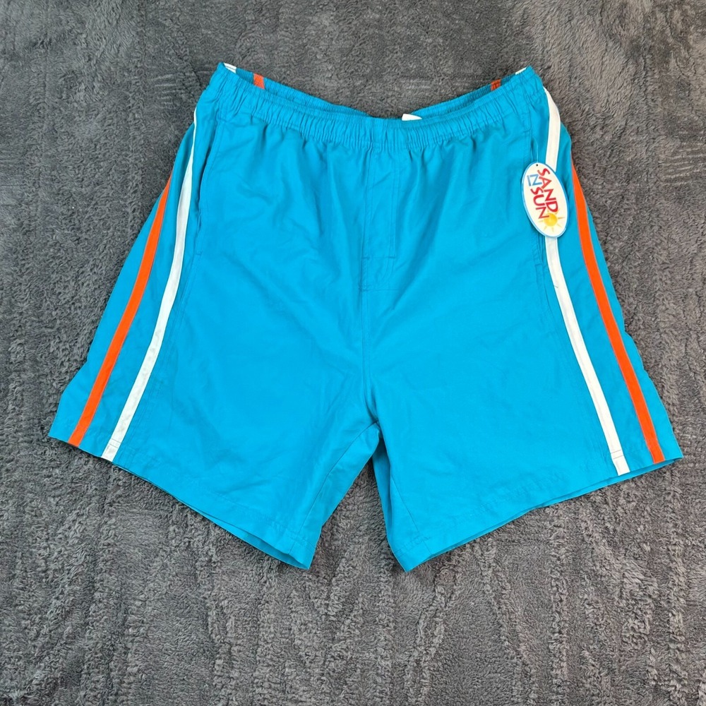 Vintage Sand N Sun Mens Swim Trunks Mens Size Large Blue w‎ orange White Stripes